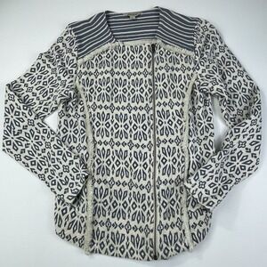 Lucky Brand Jacket Women's Large Blue White Geometric Fringe Zip Front Boho